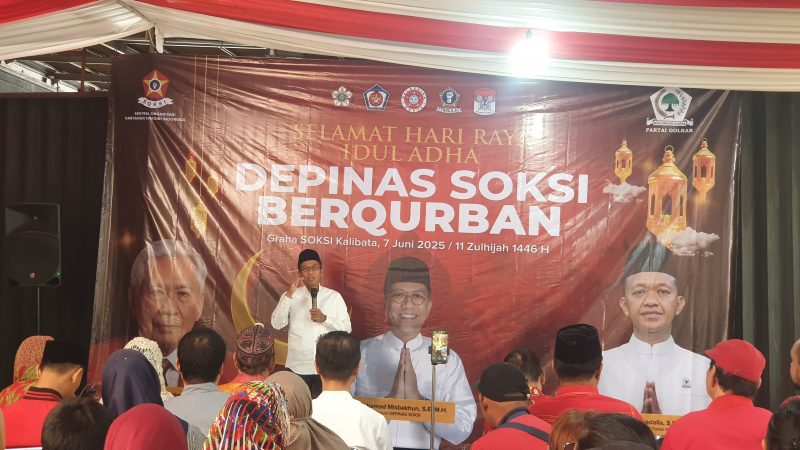 Ketum DEPINAS SOKSI, Mukhamad Misbakhun dalam sambutannya di acara pemotongan hewan kurban Iduladha 2025, di Graha SOKSI, kawasan Kalibata, Jakarta, Sabtu (7/6/2025).