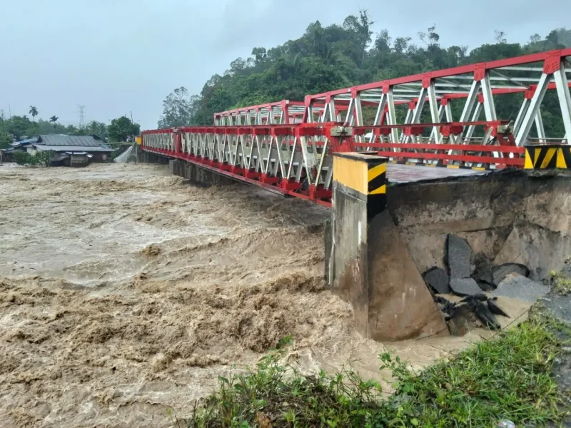 Kondisi jembatan yang terputus akibat banjir di Kabupaten Tapanuli Utara, Sumatra Utara, Selasa (25/11). (BPBD Kabupaten Tapanuli Utara)